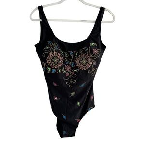 Gottex Black Floral Embellished One Piece Bathing Suit Size 12